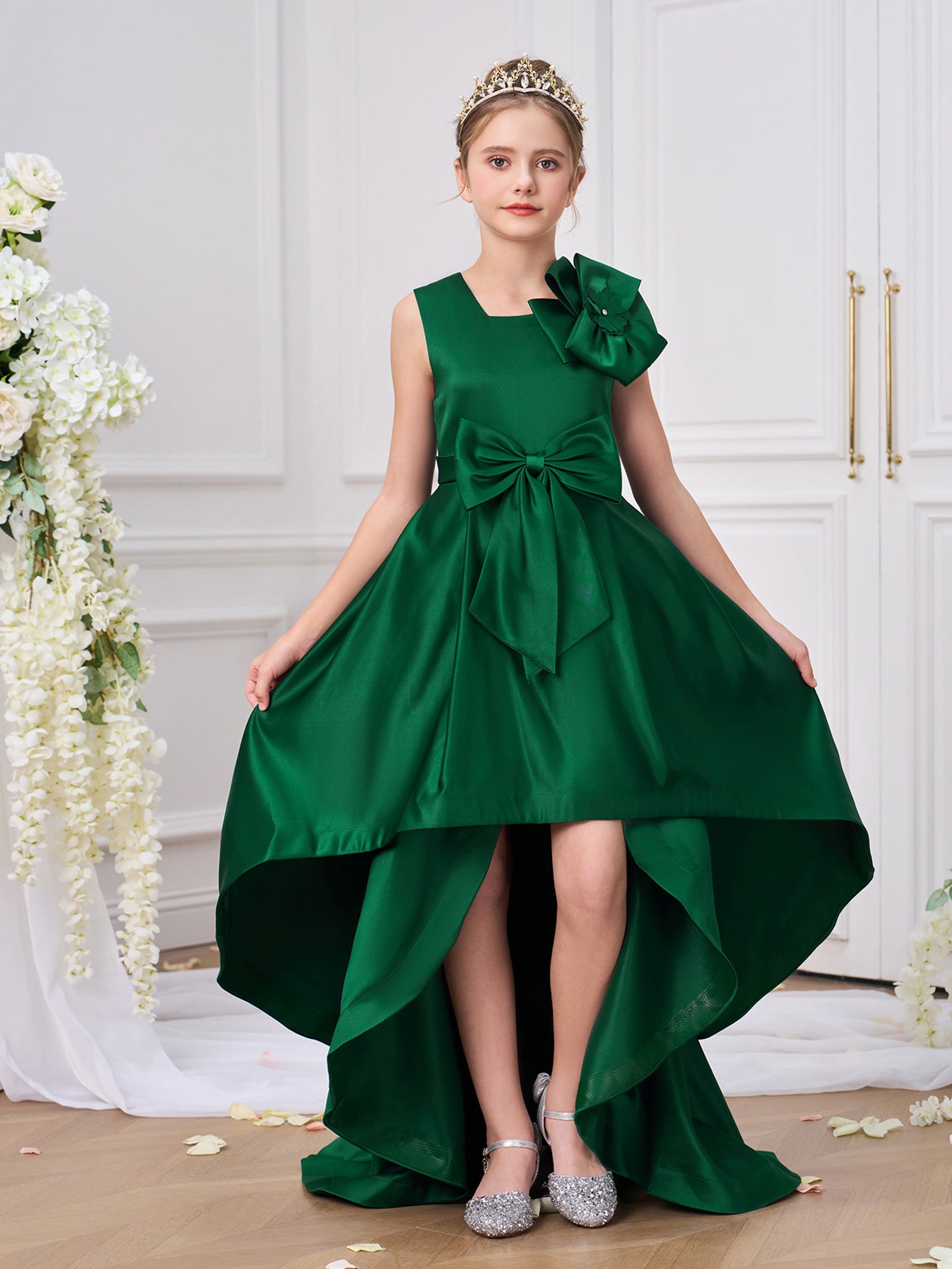 Girls Solid Round Neck Ruffles A-Line Dress