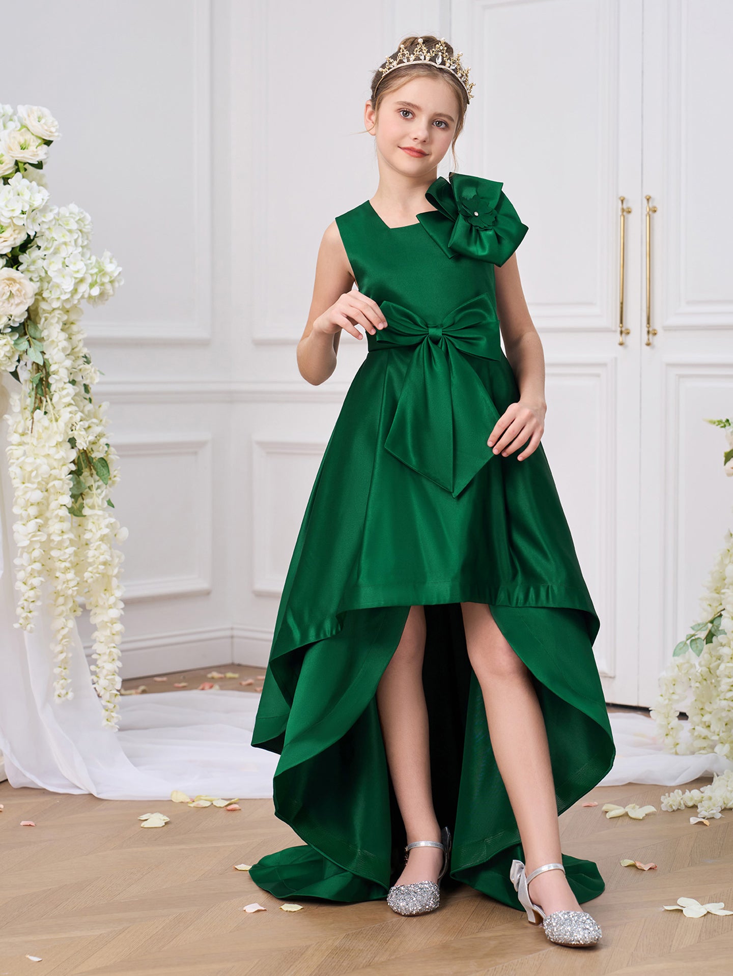 Girls Solid Round Neck Ruffles A-Line Dress