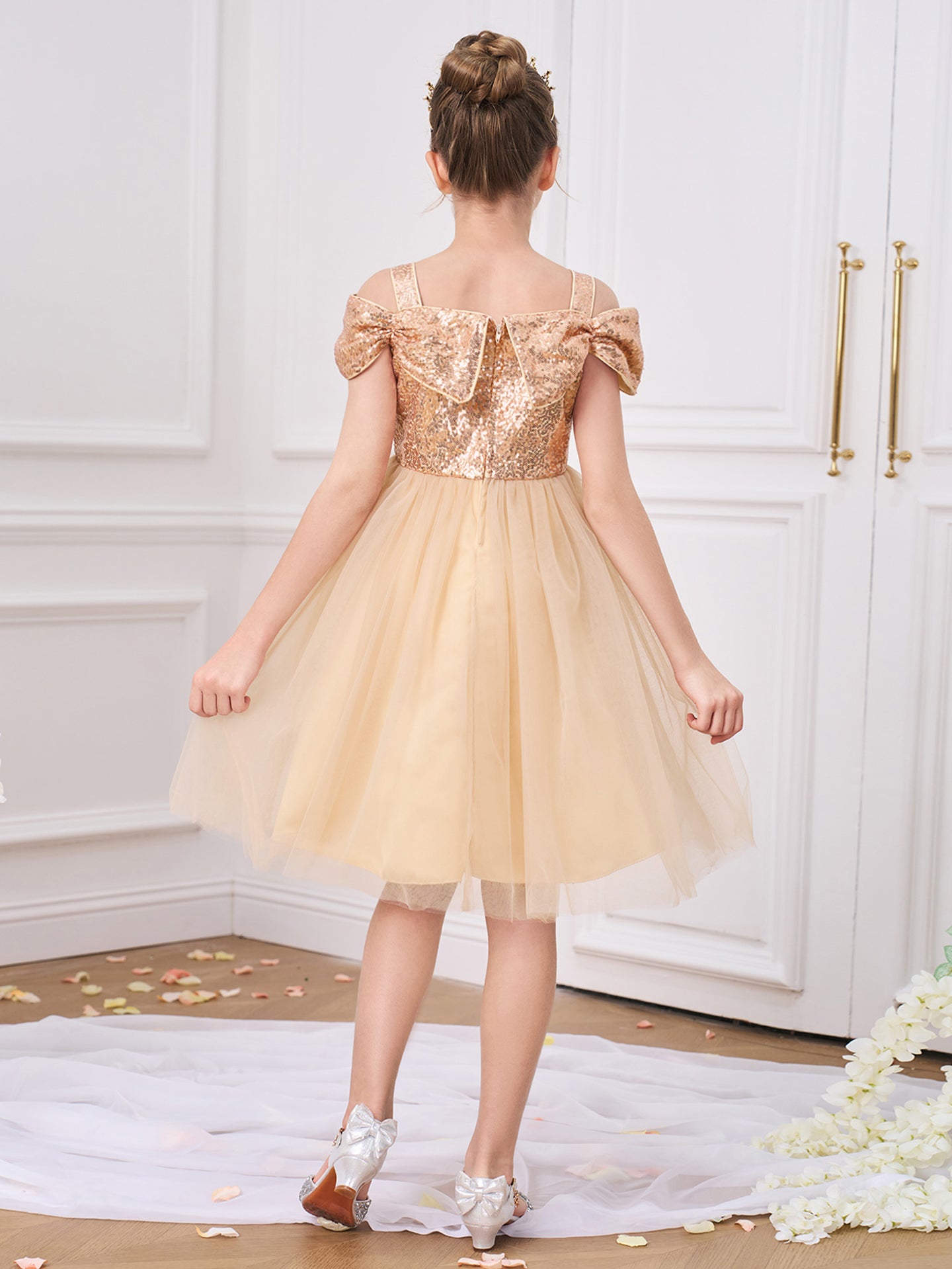 Girls Solid Choker Neck Ruffles A-Line Dress