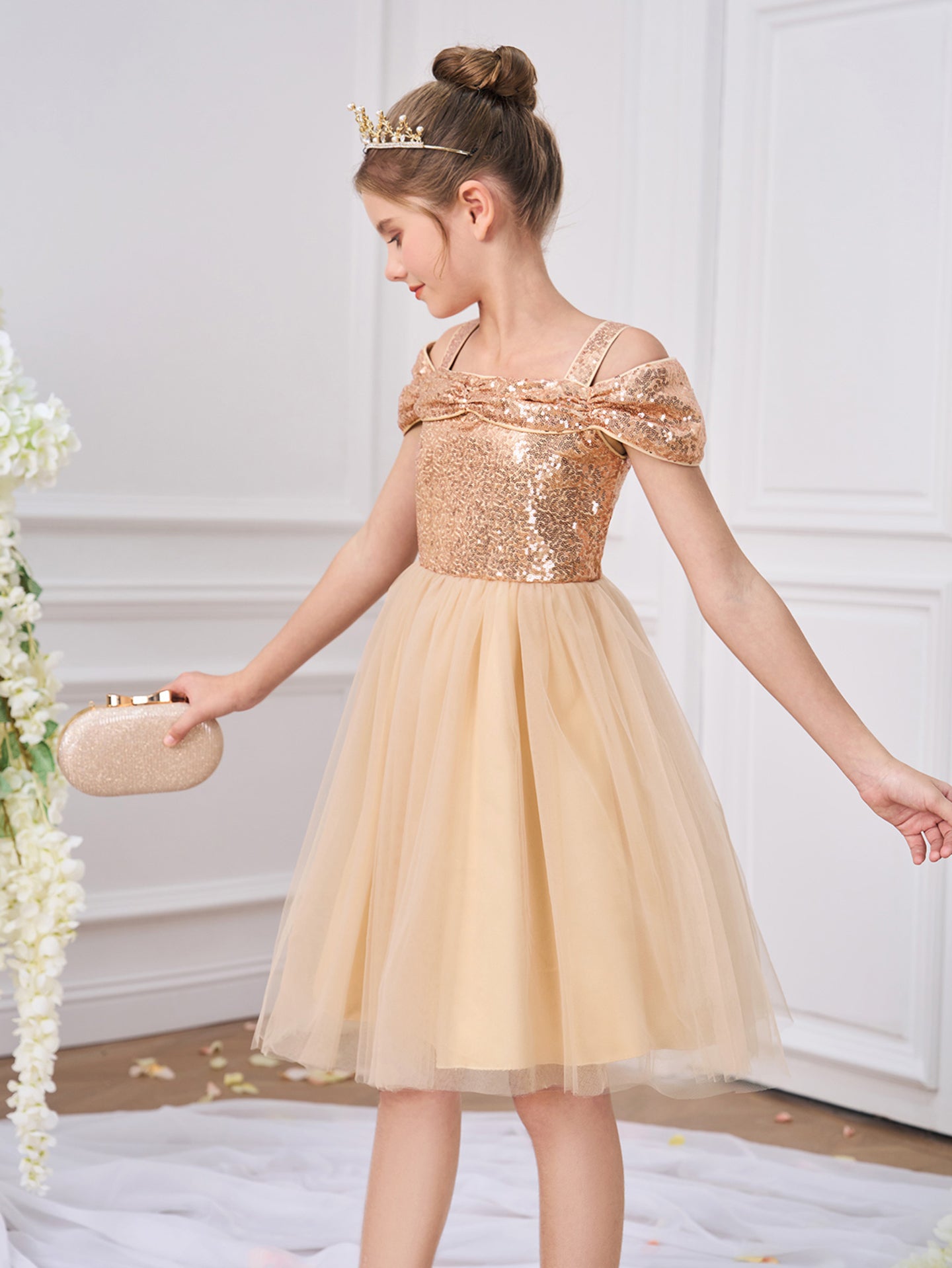 Girls Solid Choker Neck Ruffles A-Line Dress