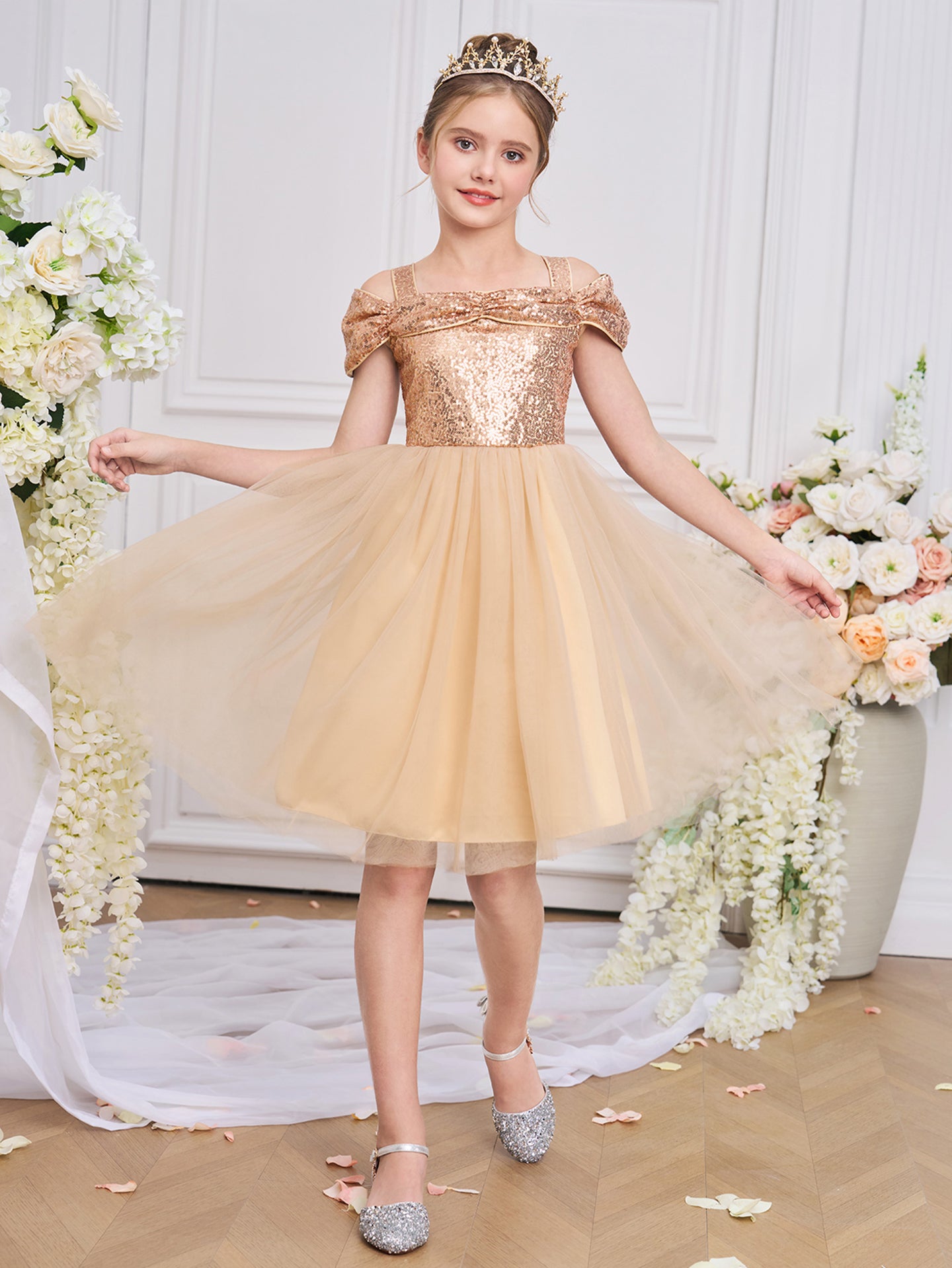 Girls Solid Choker Neck Ruffles A-Line Dress
