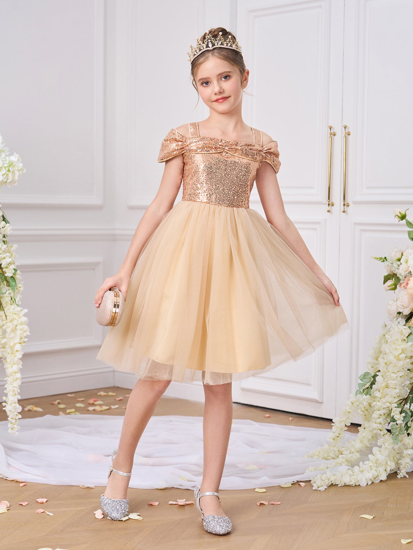 Girls Solid Choker Neck Ruffles A-Line Dress