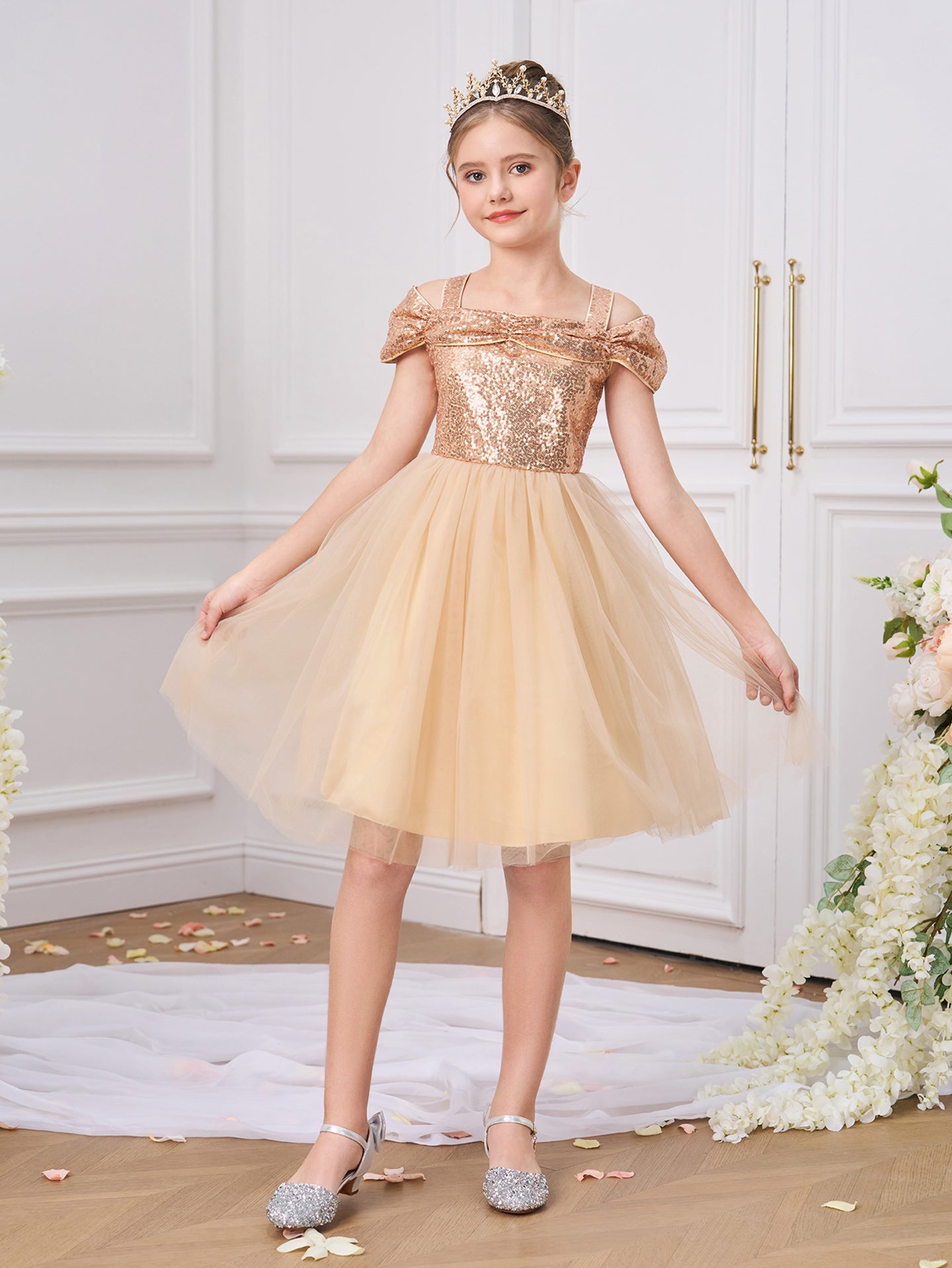Girls Solid Choker Neck Ruffles A-Line Dress