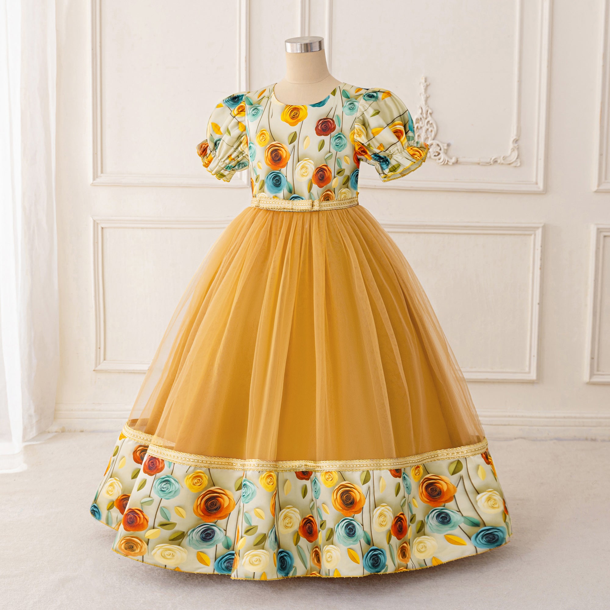 Floral Printed Puff Sleeve Georgette A-Line Midi Dress