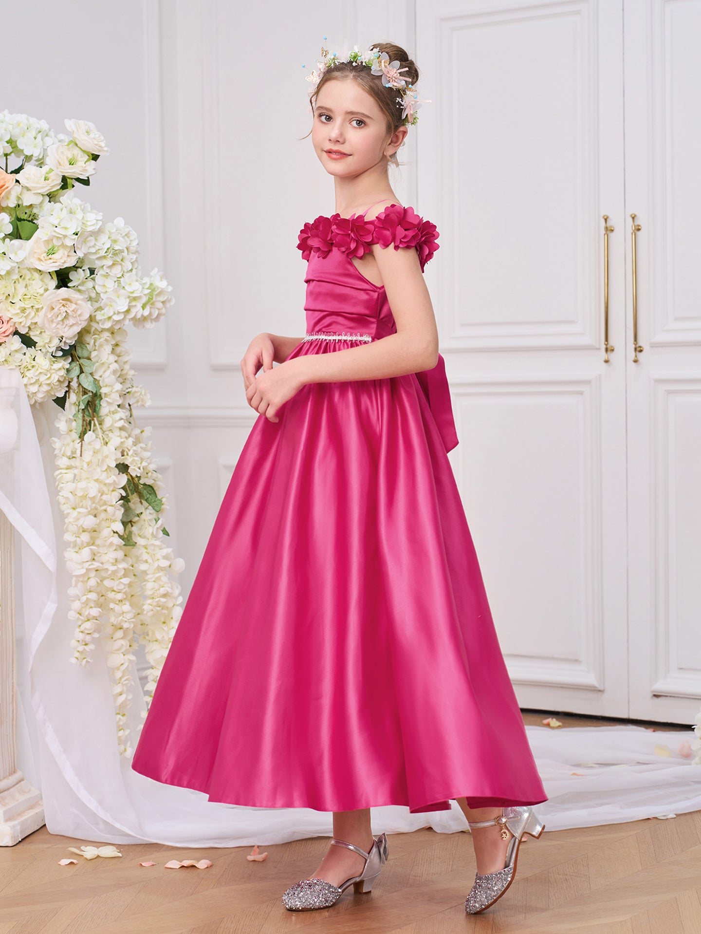 Girls Solid Square Neck Ruffles A-Line Dress