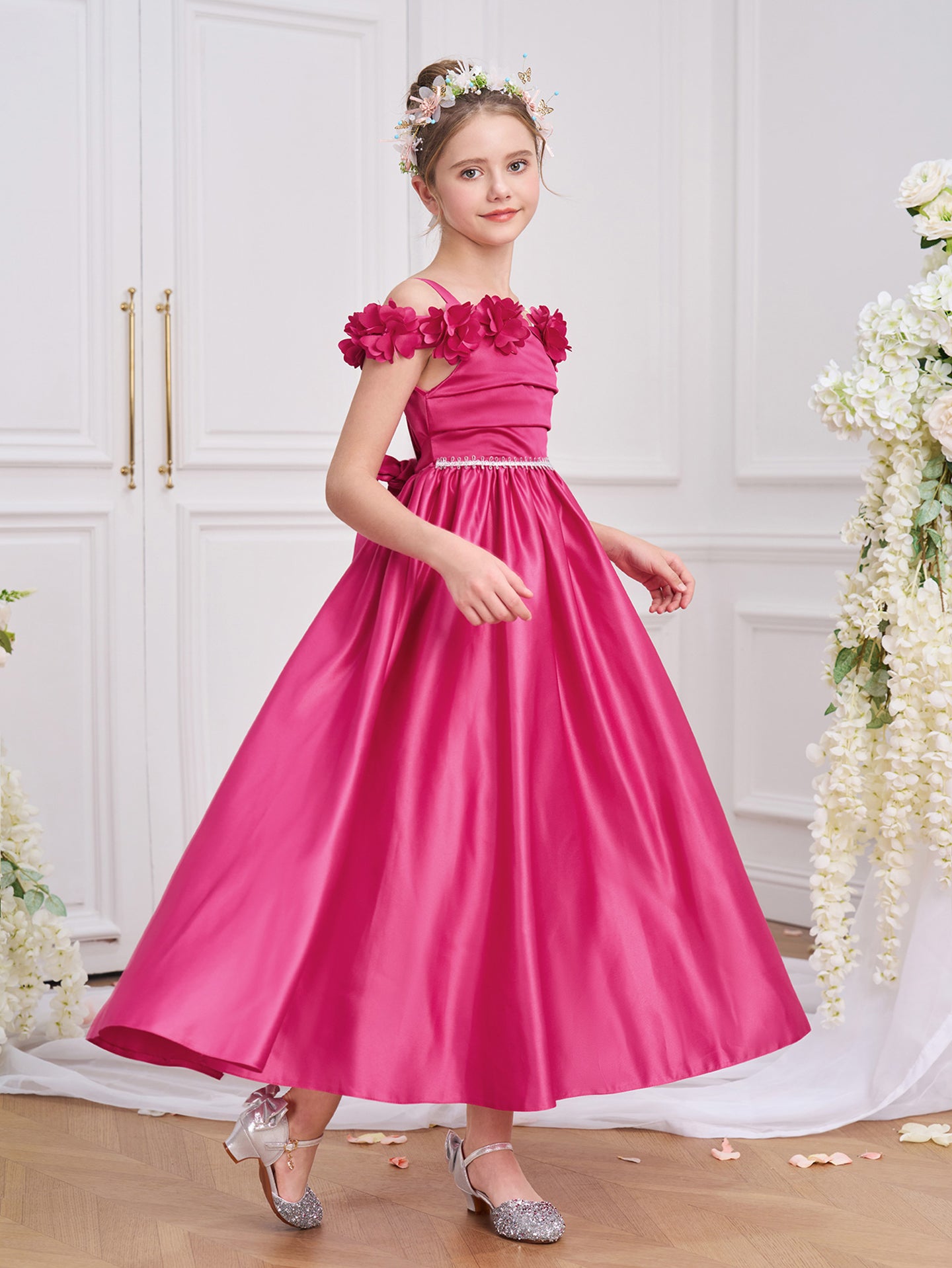 Girls Solid Square Neck Ruffles A-Line Dress