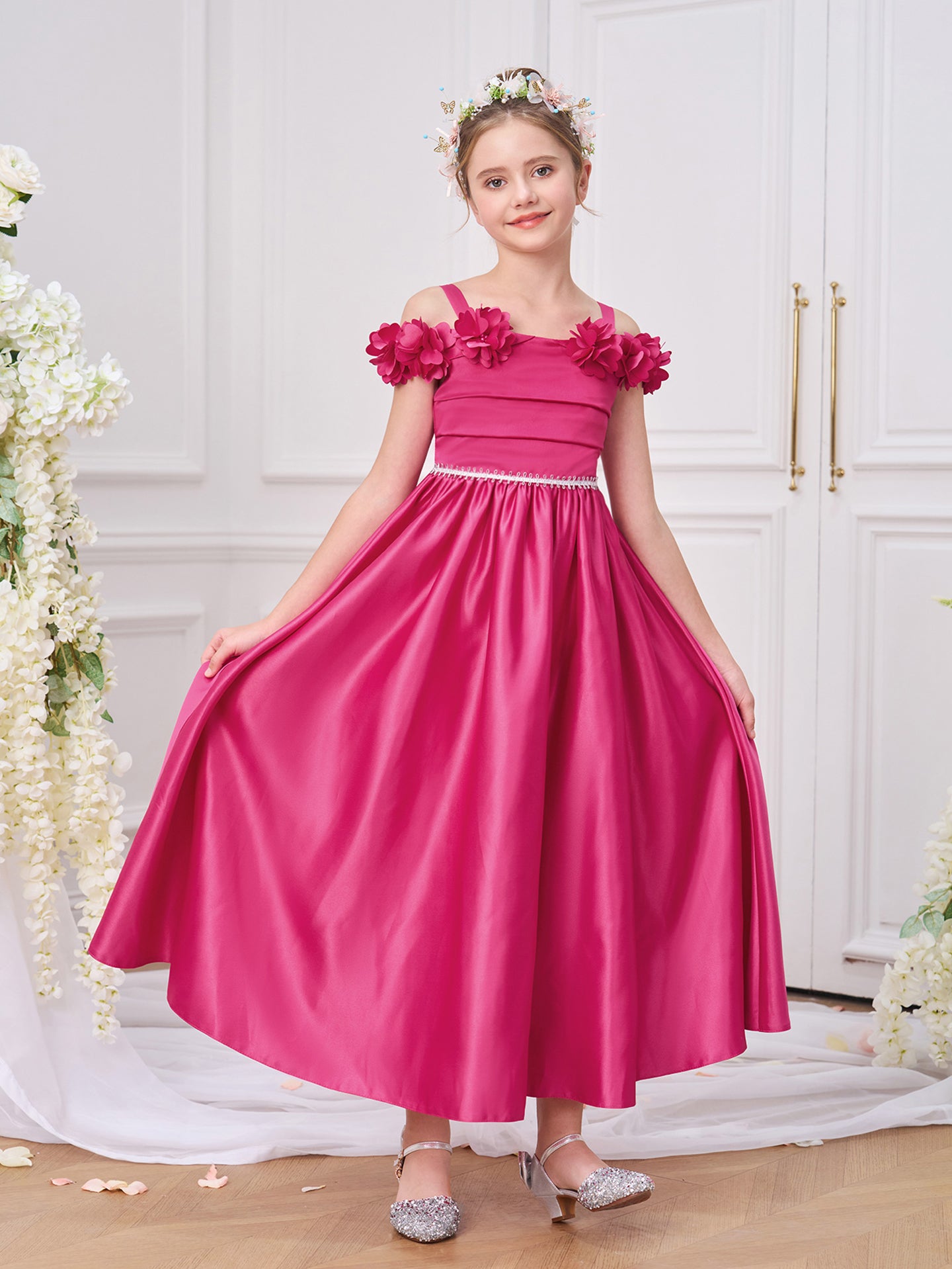 Girls Solid Square Neck Ruffles A-Line Dress