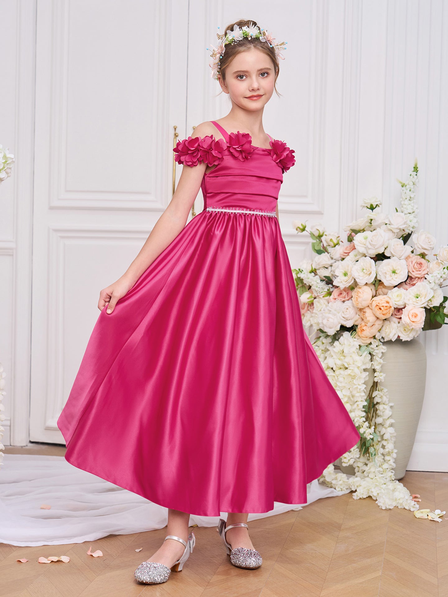 Girls Solid Square Neck Ruffles A-Line Dress
