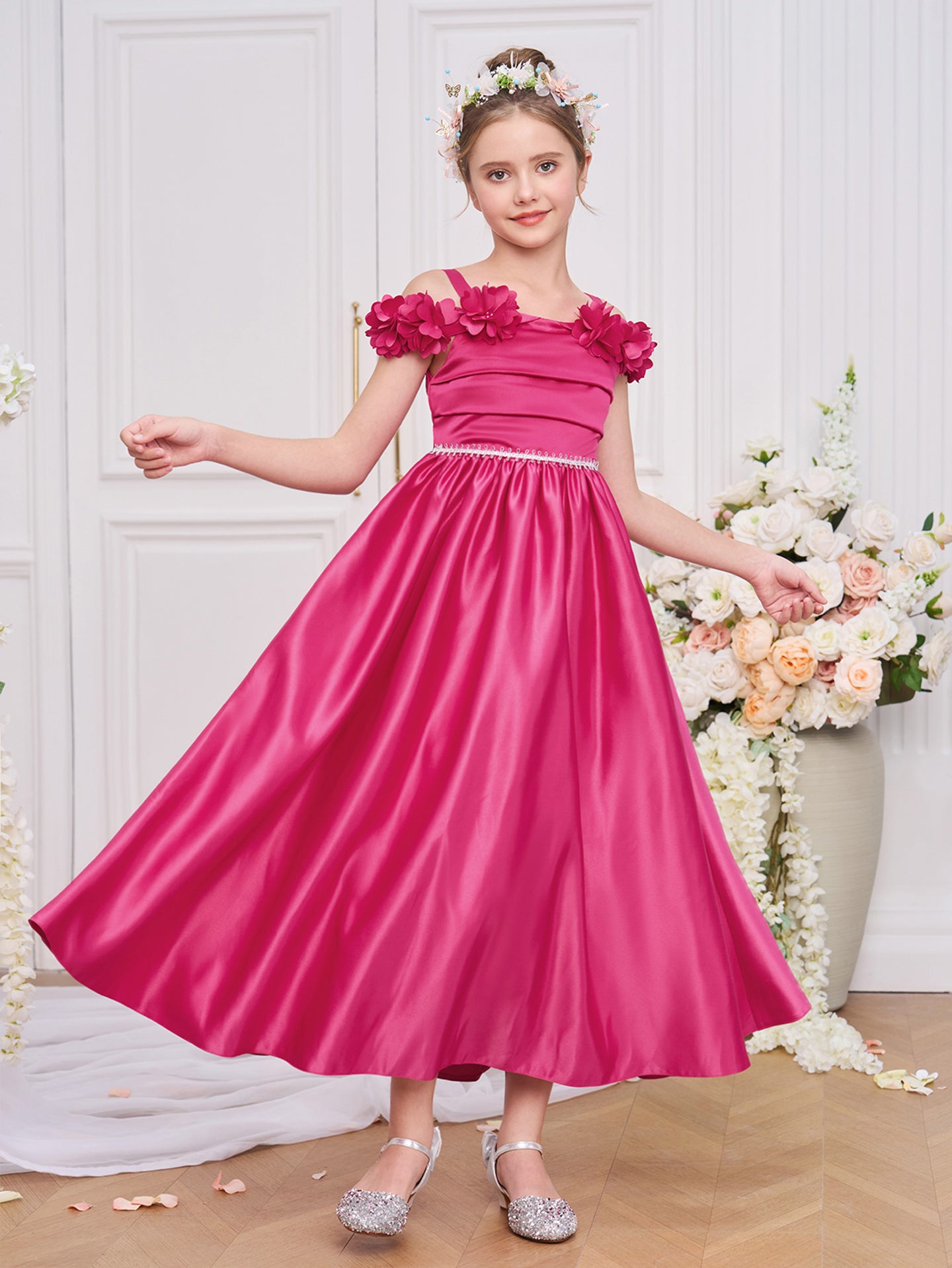 Girls Solid Square Neck Ruffles A-Line Dress