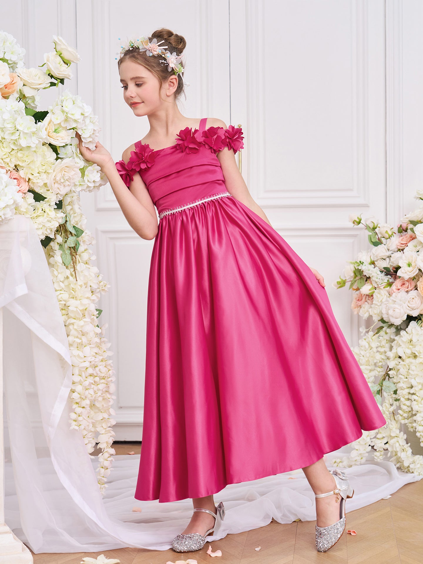 Girls Solid Square Neck Ruffles A-Line Dress