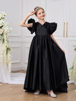 Girls Solid V-Neck Ruffles A-Line Dress