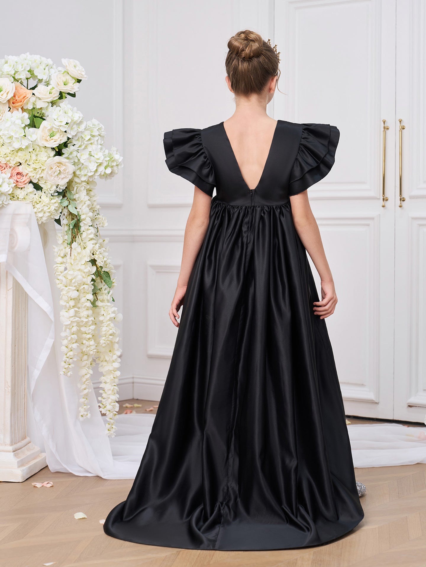 Girls Solid V-Neck Ruffles A-Line Dress
