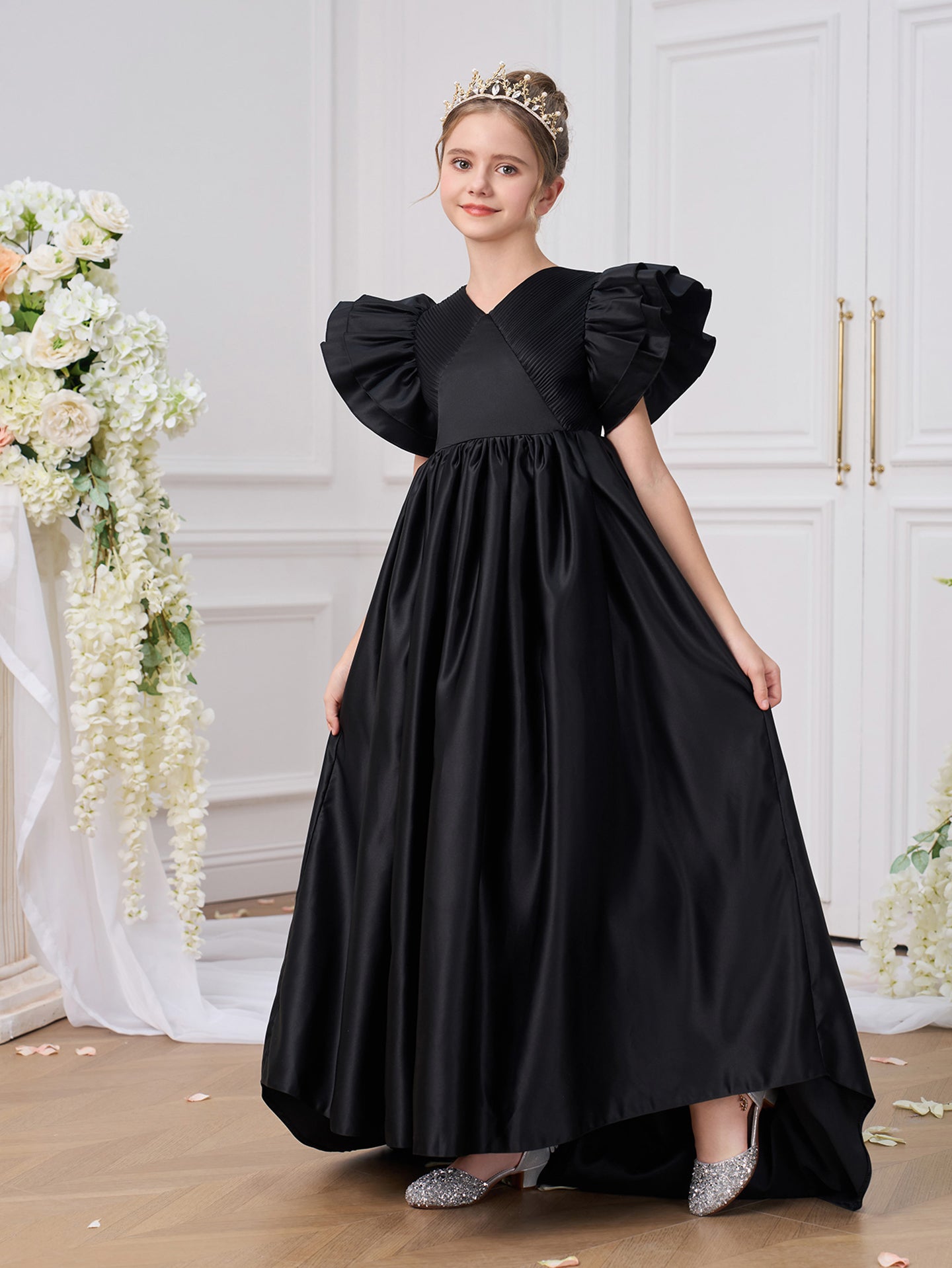Girls Solid V-Neck Ruffles A-Line Dress