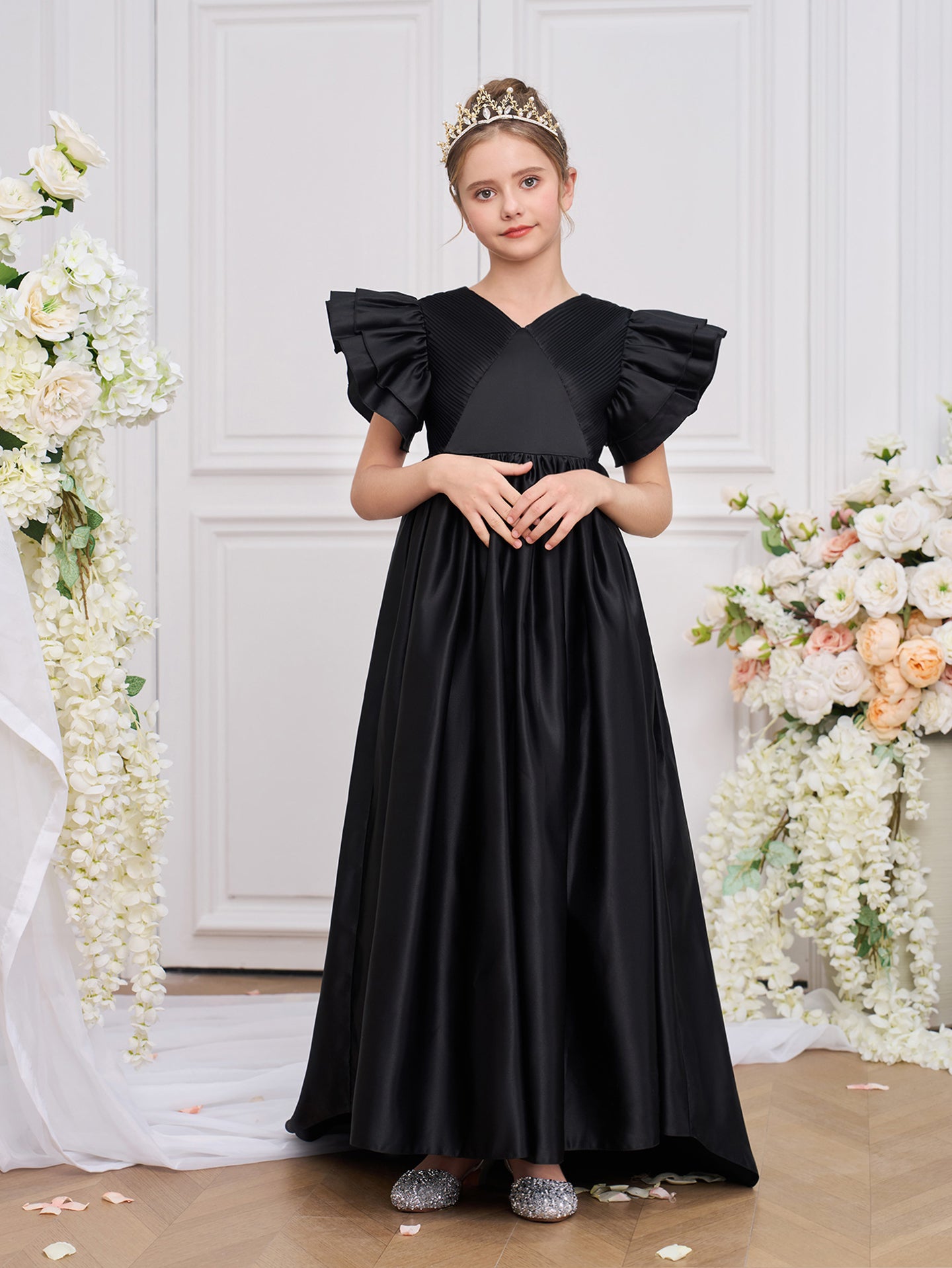 Girls Solid V-Neck Ruffles A-Line Dress