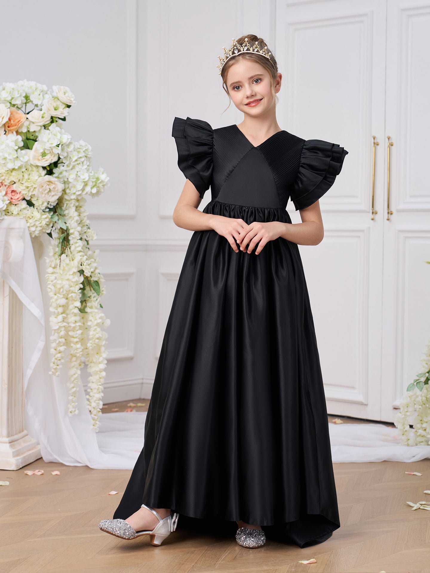Girls Solid V-Neck Ruffles A-Line Dress