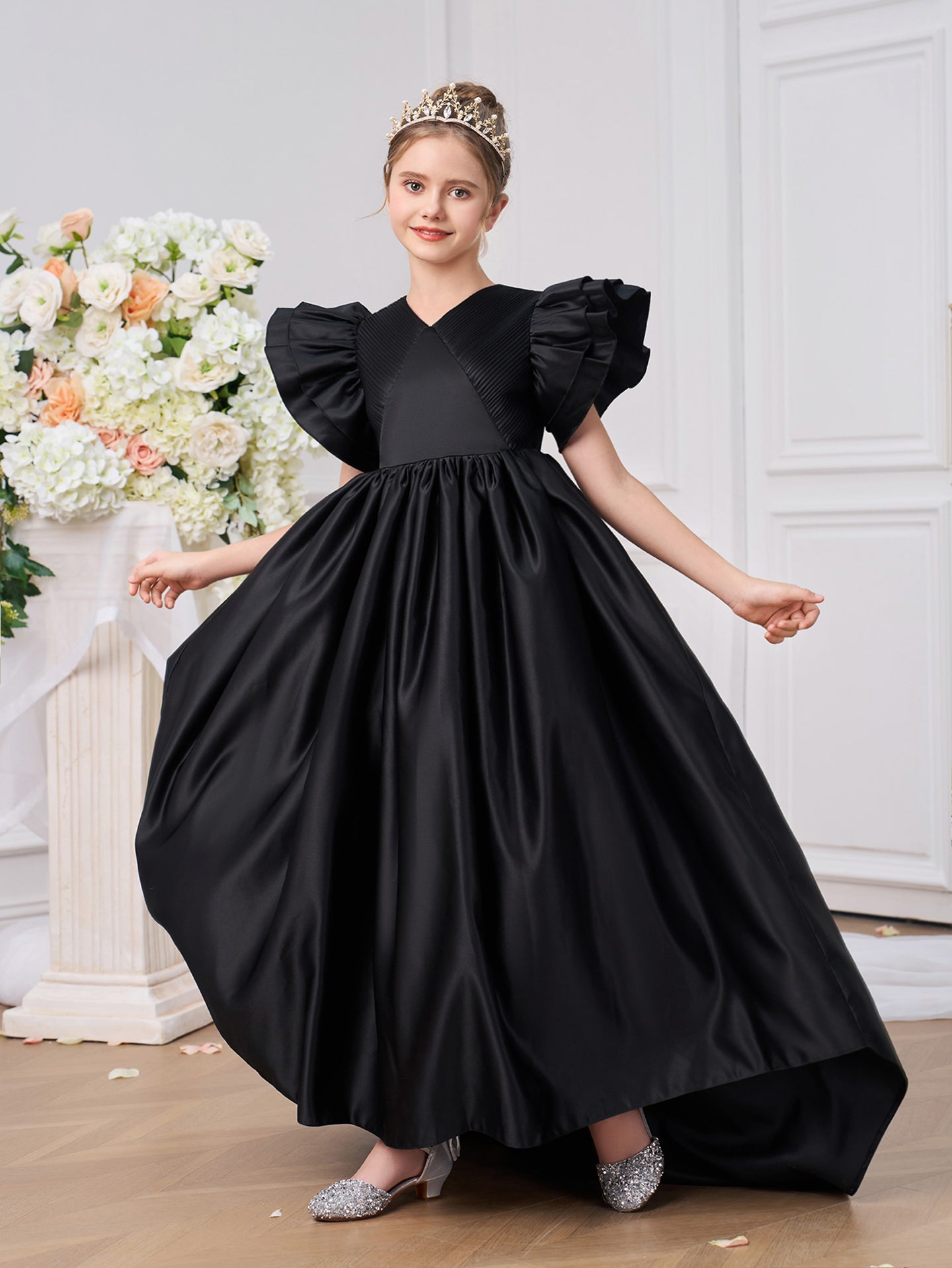 Girls Solid V-Neck Ruffles A-Line Dress