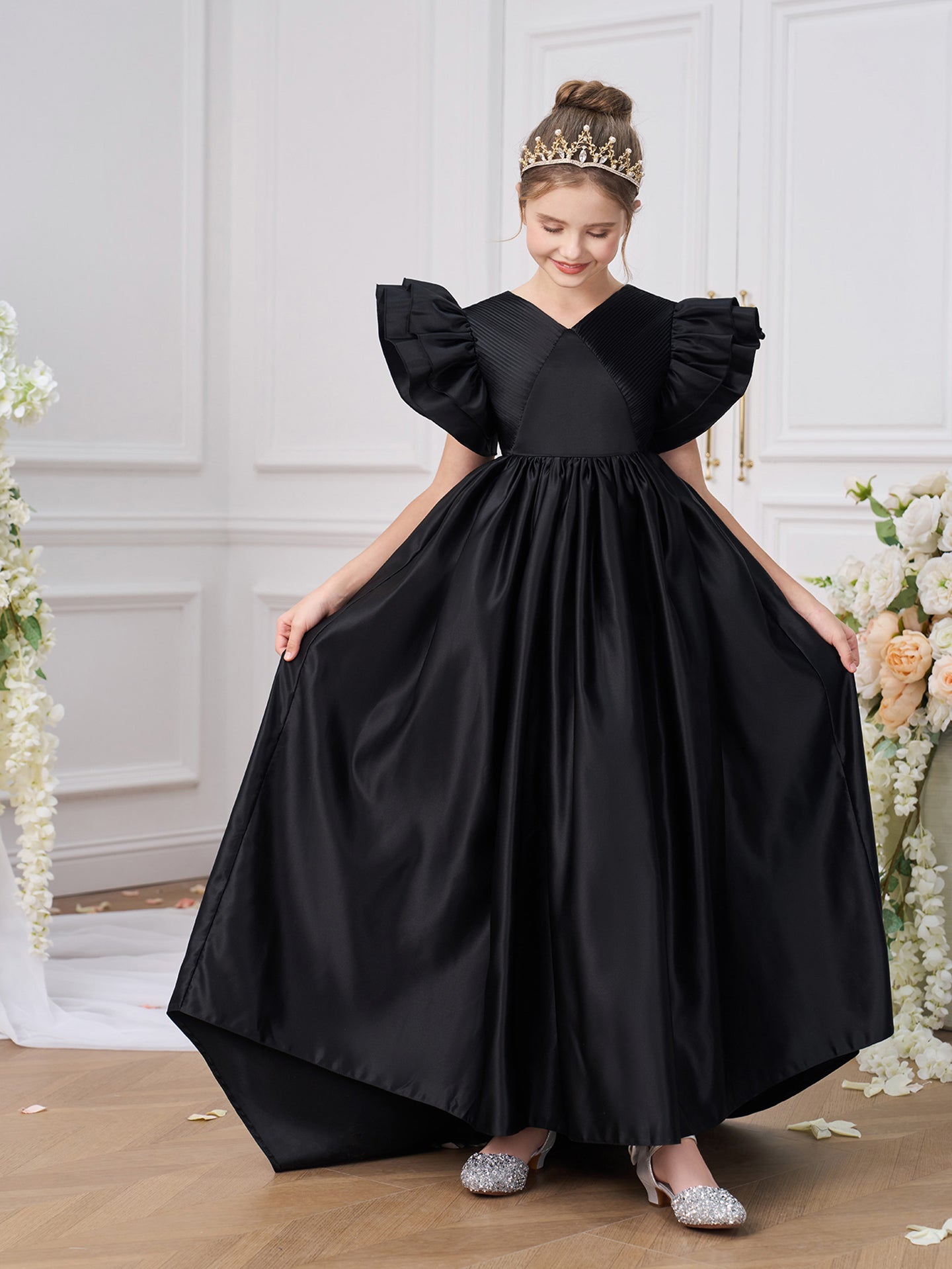Girls Solid V-Neck Ruffles A-Line Dress