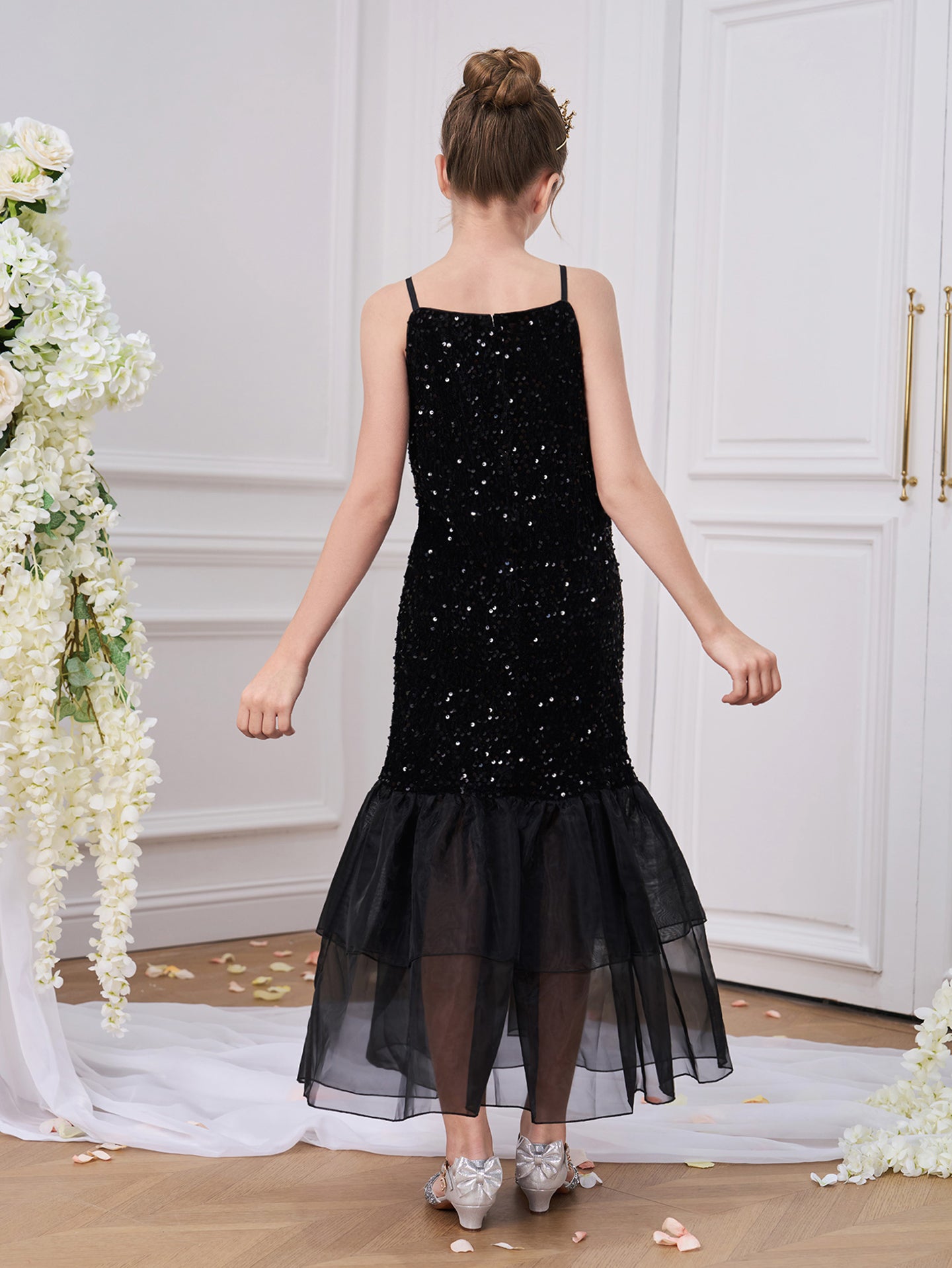 Girls Embellished Square Neck Ruffles A-Line Dress