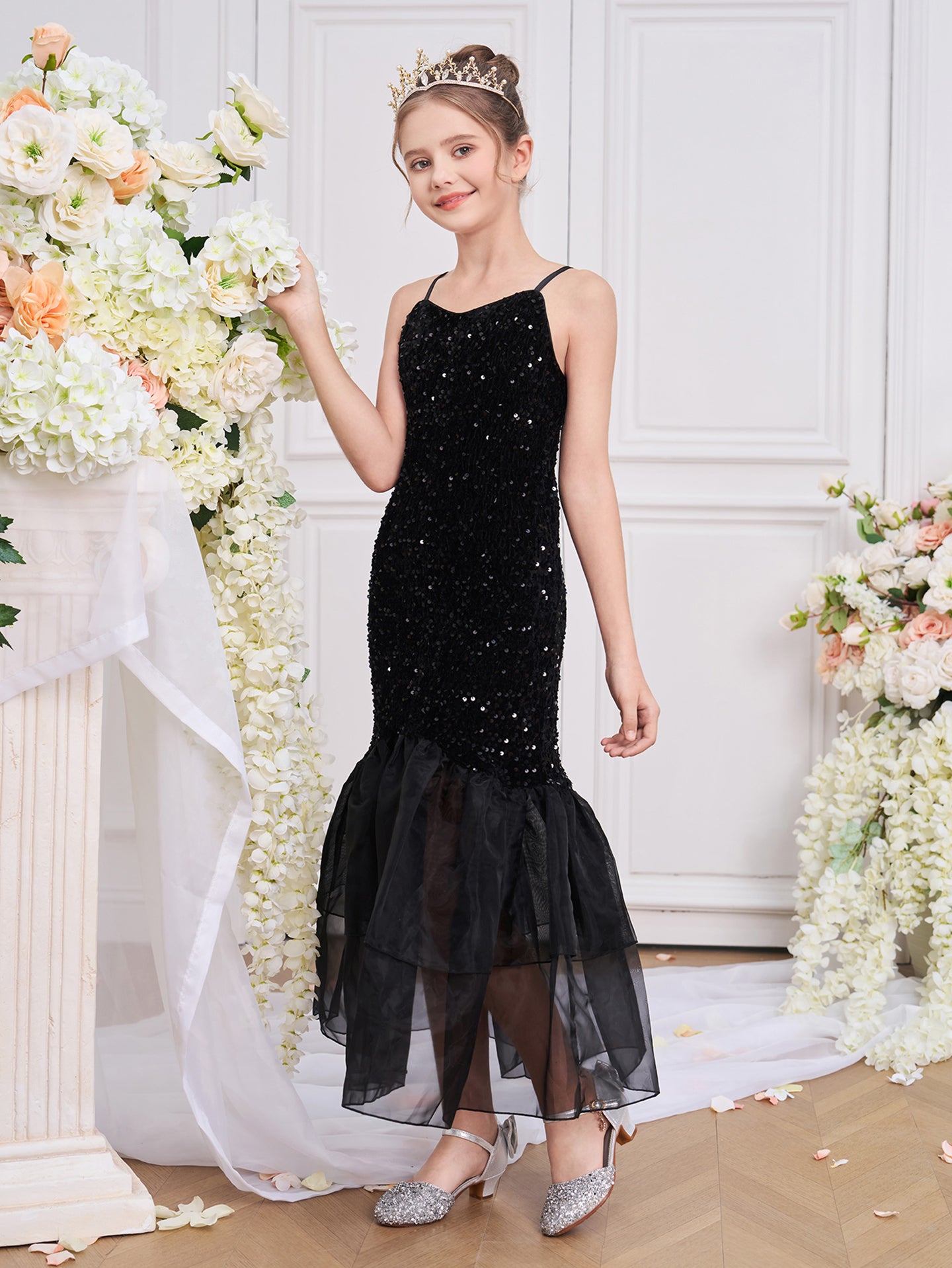 Girls Embellished Square Neck Ruffles A-Line Dress