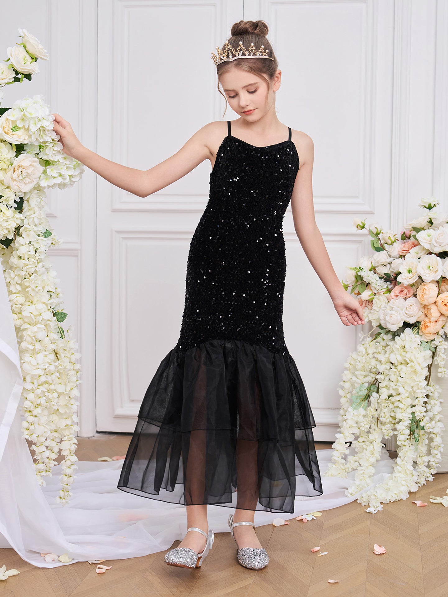 Girls Embellished Square Neck Ruffles A-Line Dress