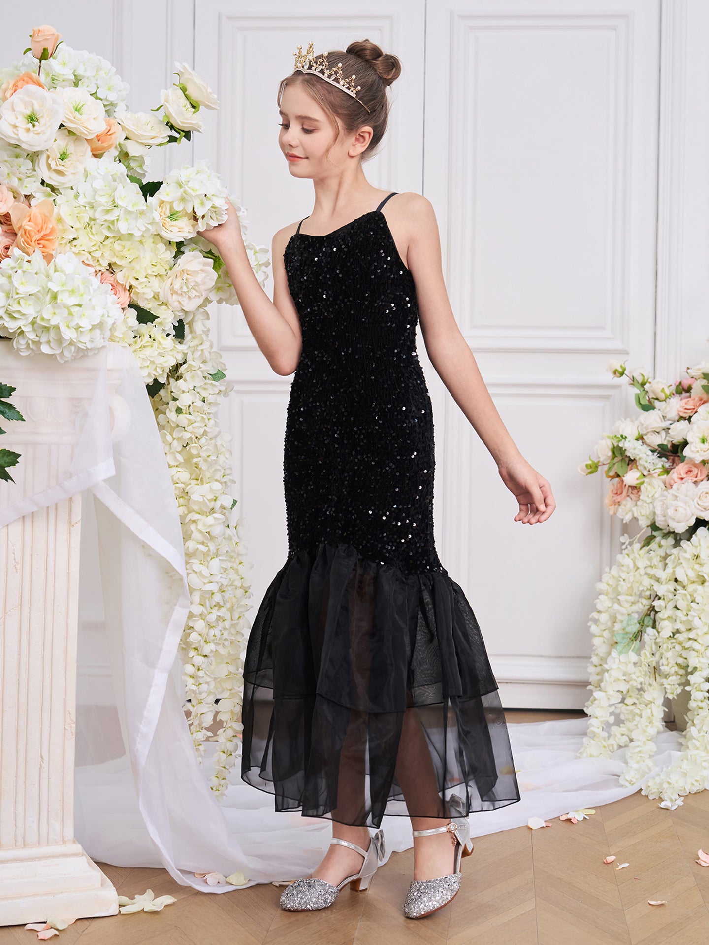 Girls Embellished Square Neck Ruffles A-Line Dress