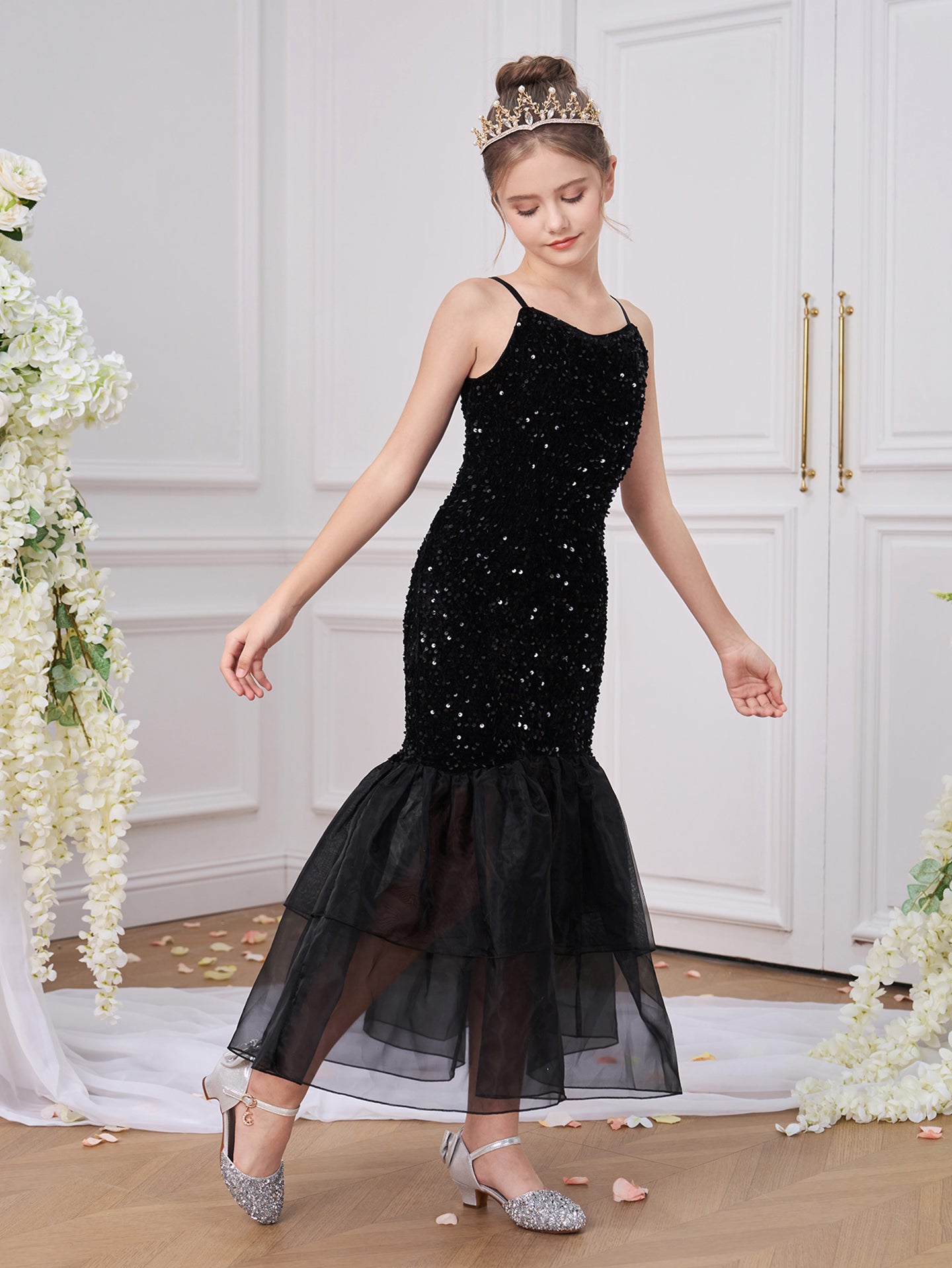 Girls Embellished Square Neck Ruffles A-Line Dress