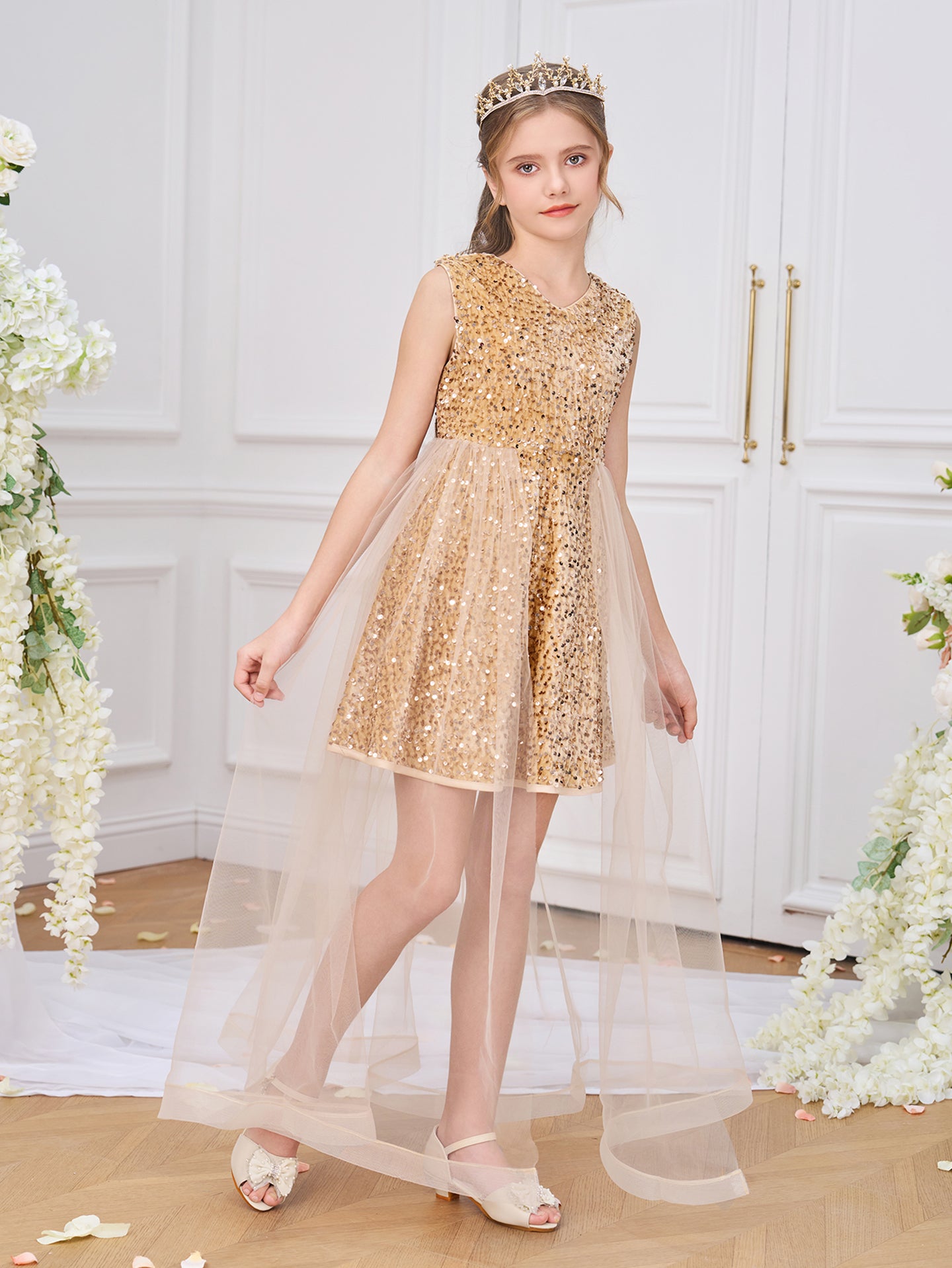 Girls Embellished V-Neck Ruffles A-Line Dress