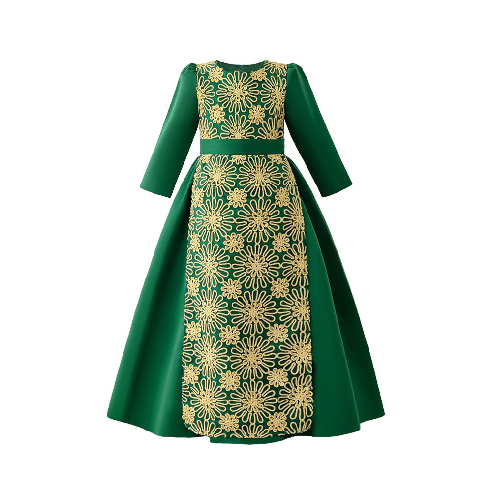 Girls Green & Beige Floral Print Maxi Gown Dress