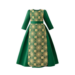 Girls Green & Beige Floral Print Maxi Gown Dress