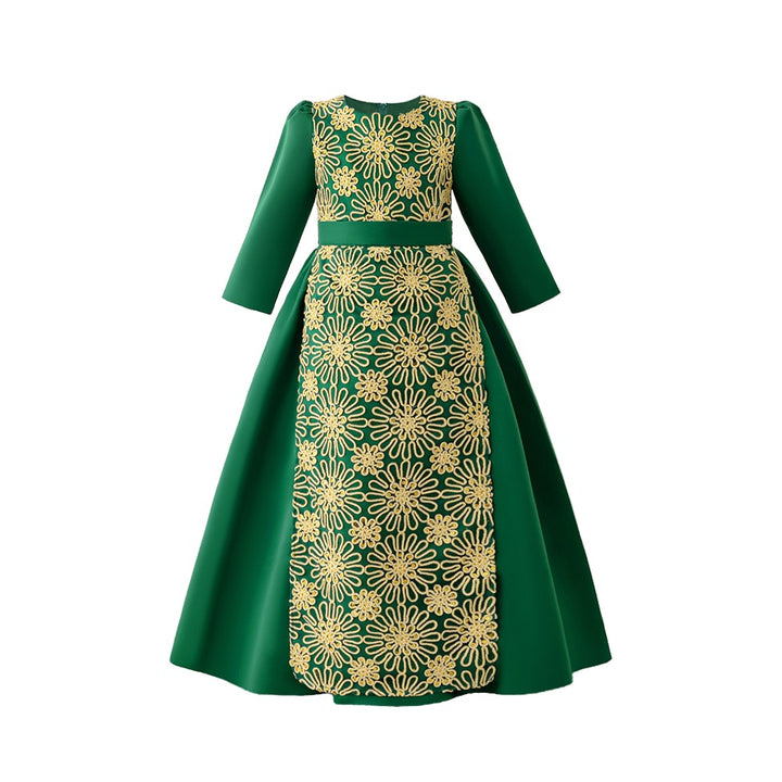 Girls Green & Beige Floral Print Maxi Gown Dress