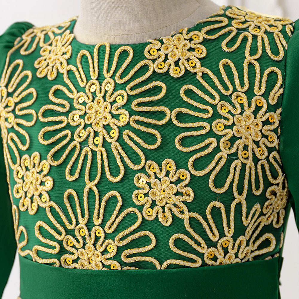 Girls Green & Beige Floral Print Maxi Gown Dress