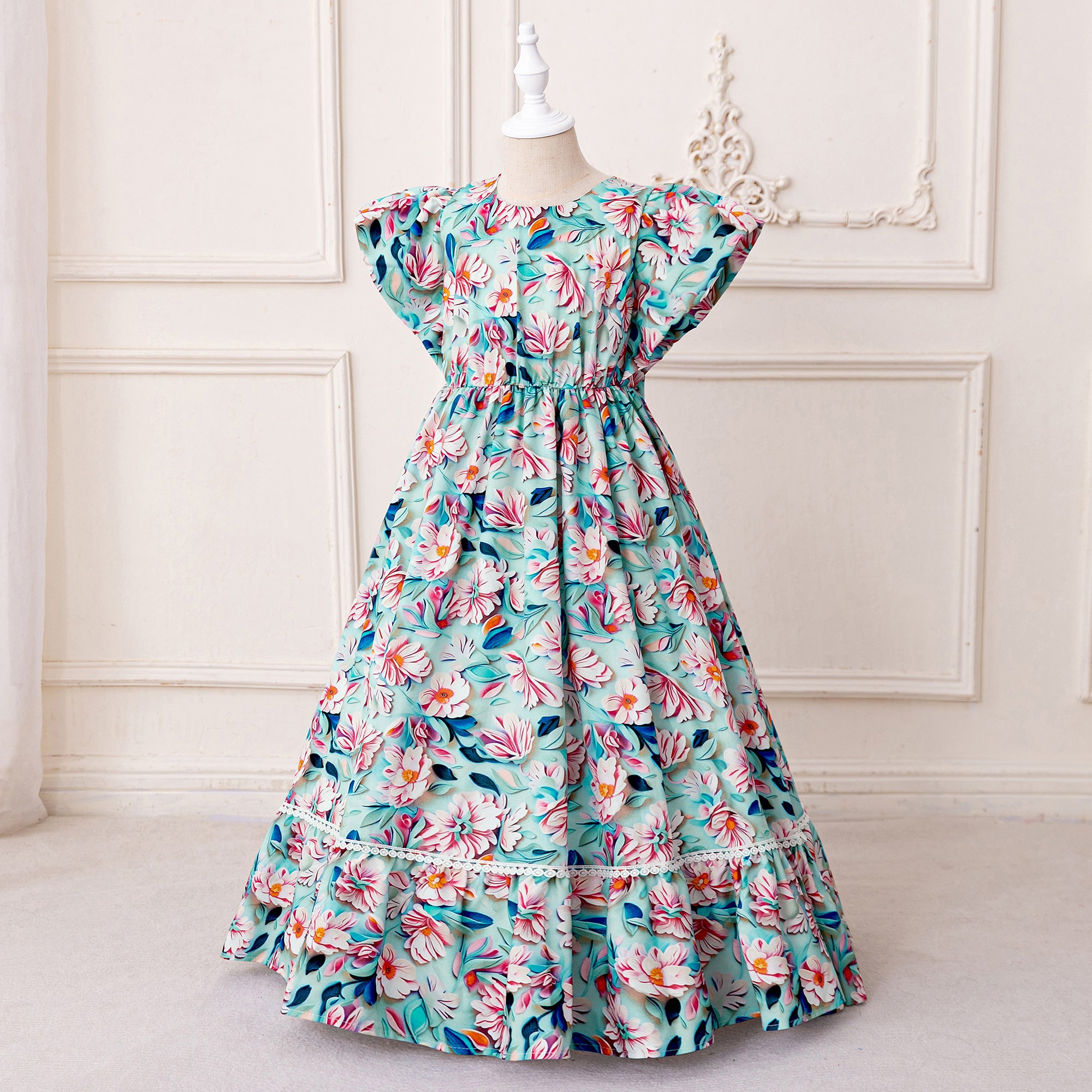 Girls Floral Printed Fit and Flare Maxi Dress