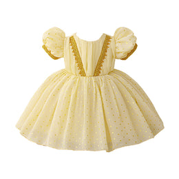 Girl Embellished Round Neck Puff Sleeves Fit and Flare Mini Dress