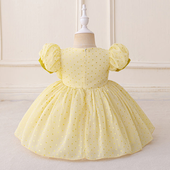 Girl Embellished Round Neck Puff Sleeves Fit and Flare Mini Dress