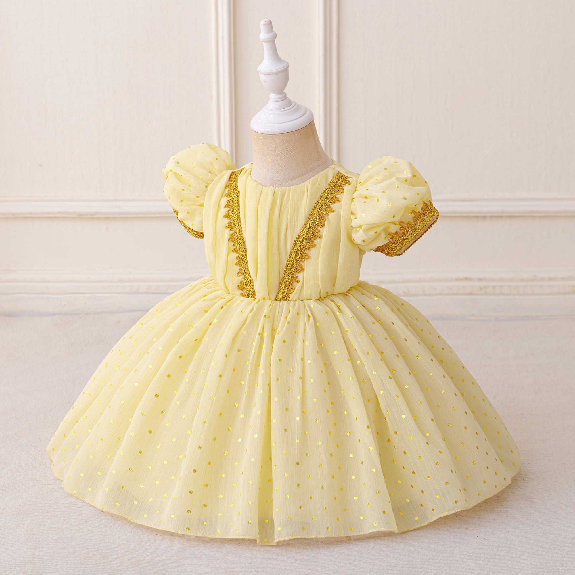 Girl Embellished Round Neck Puff Sleeves Fit and Flare Mini Dress