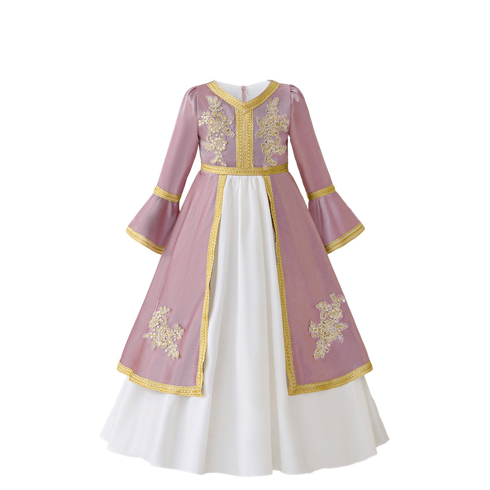 Girls Solid Embroidered Bell Sleeves A-Line Midi Dress