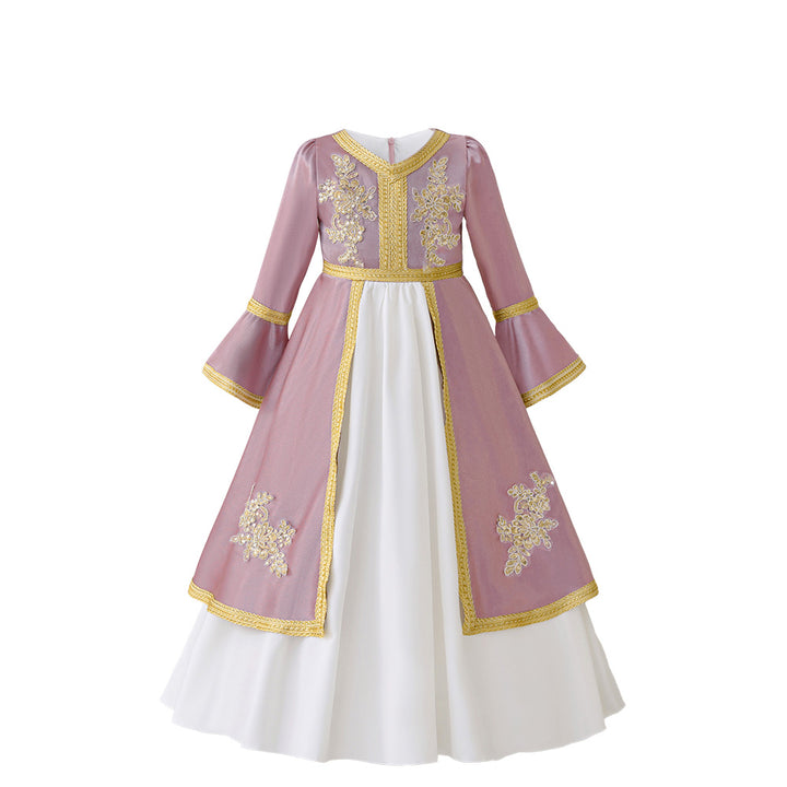 Girls Solid Embroidered Bell Sleeves A-Line Midi Dress