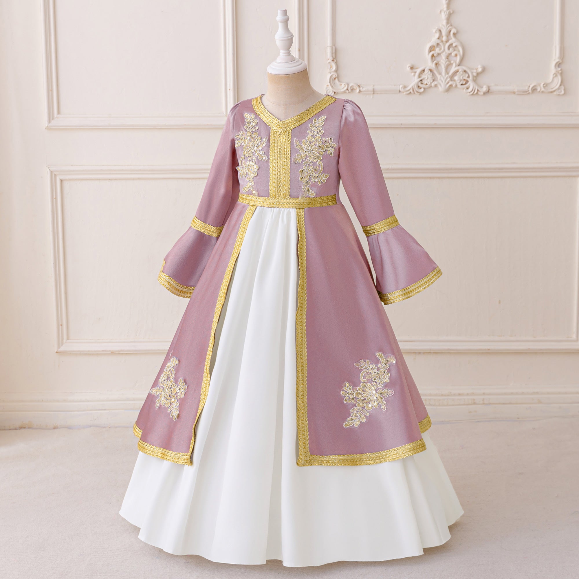 Girls Solid Embroidered Bell Sleeves A-Line Midi Dress