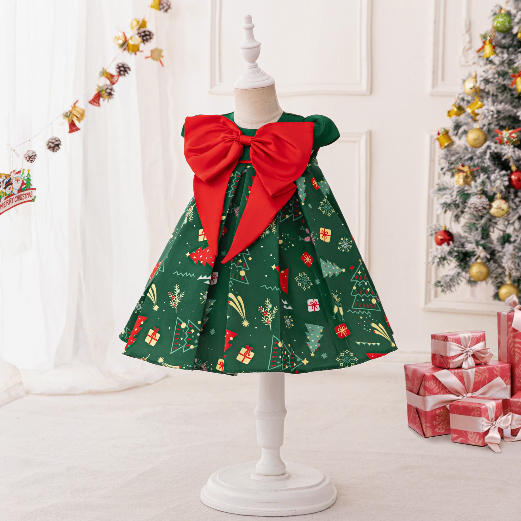 Girls Printed Cap Sleeves A-Line Dress
