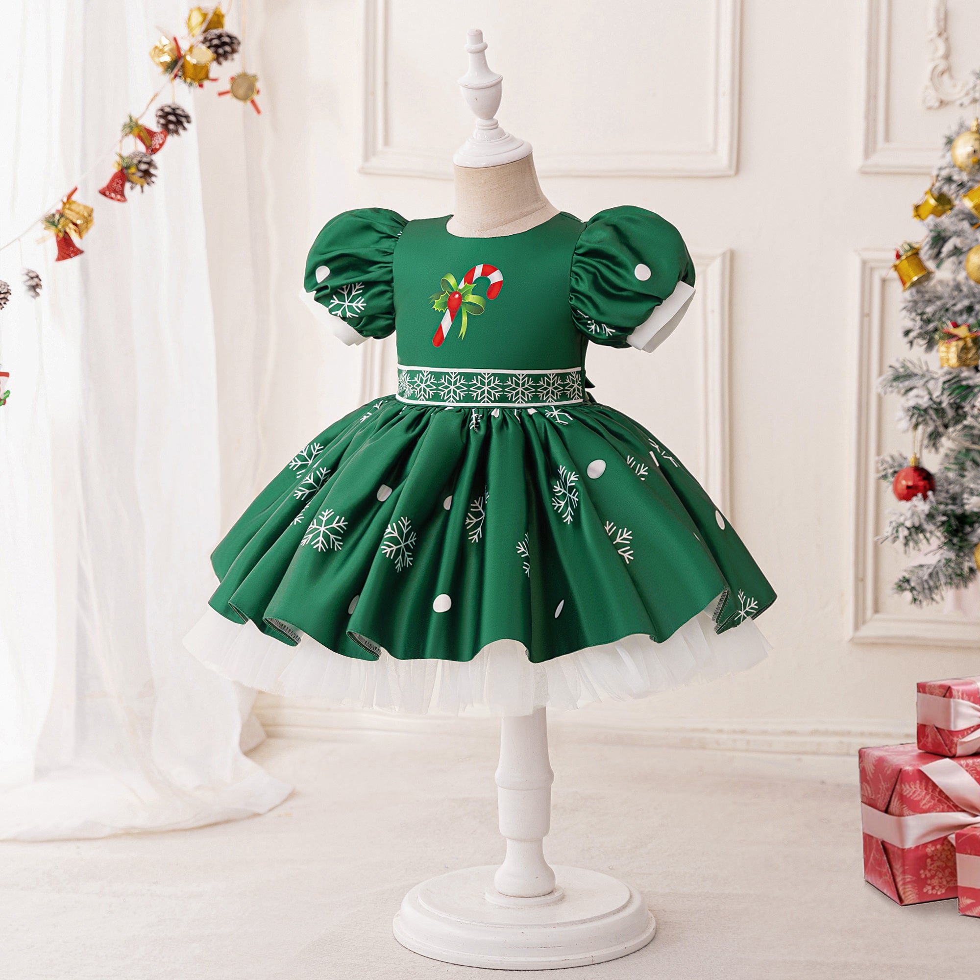 Girls Printed Puff Sleeve Fit & Flare Dress