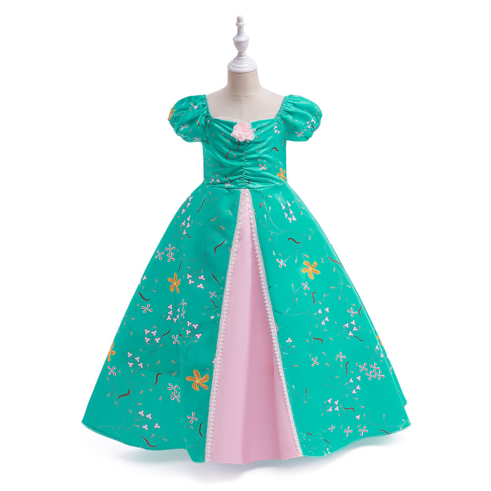 Girls Green Floral Printed Square Neck Fit & Flare Maxi Dress