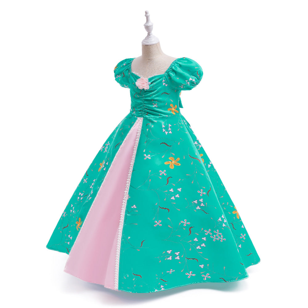 Girls Green Floral Printed Square Neck Fit & Flare Maxi Dress