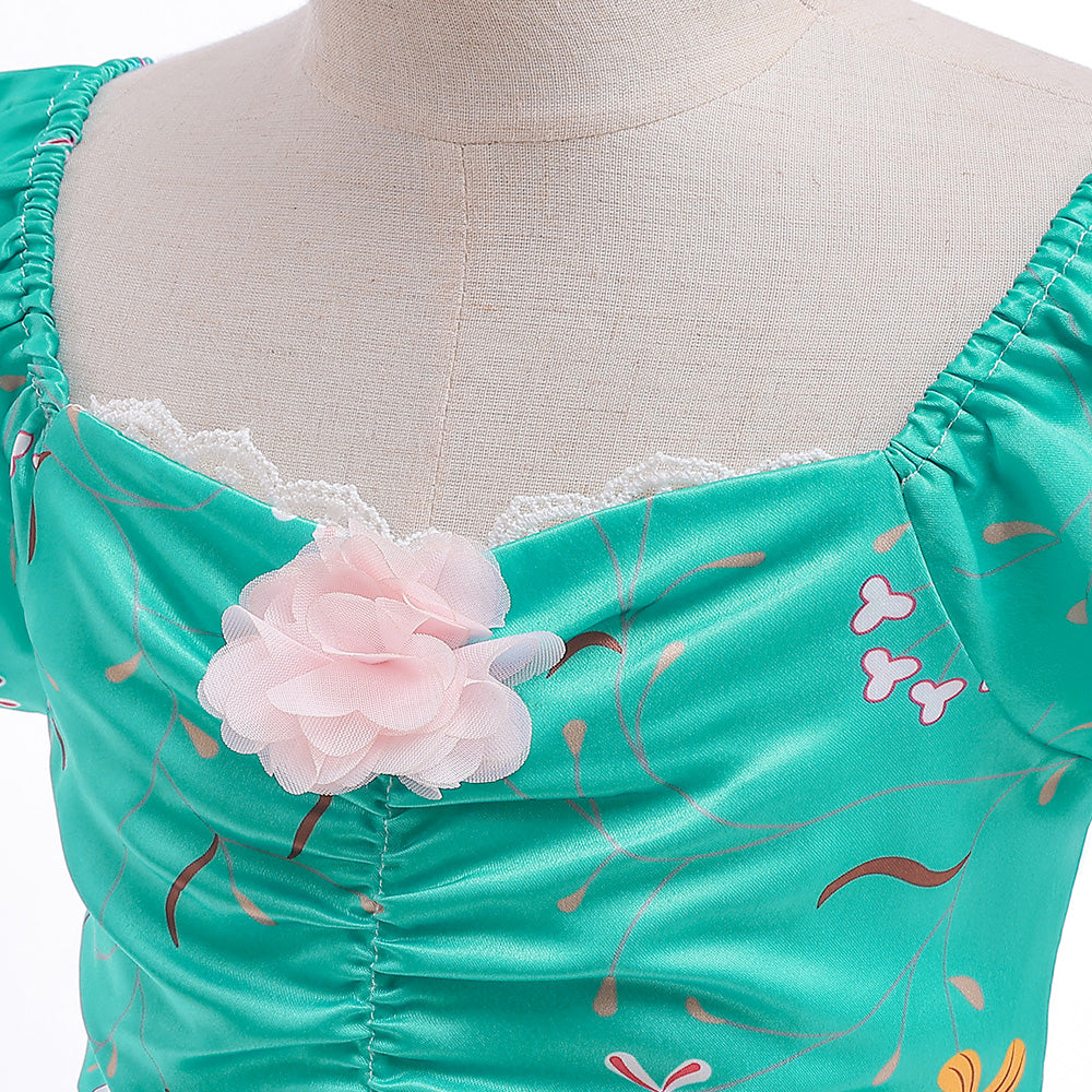 Girls Green Floral Printed Square Neck Fit & Flare Maxi Dress