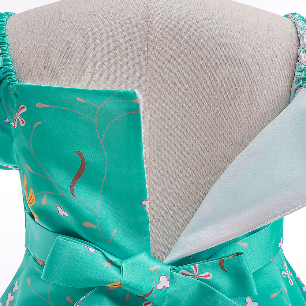 Girls Green Floral Printed Square Neck Fit & Flare Maxi Dress