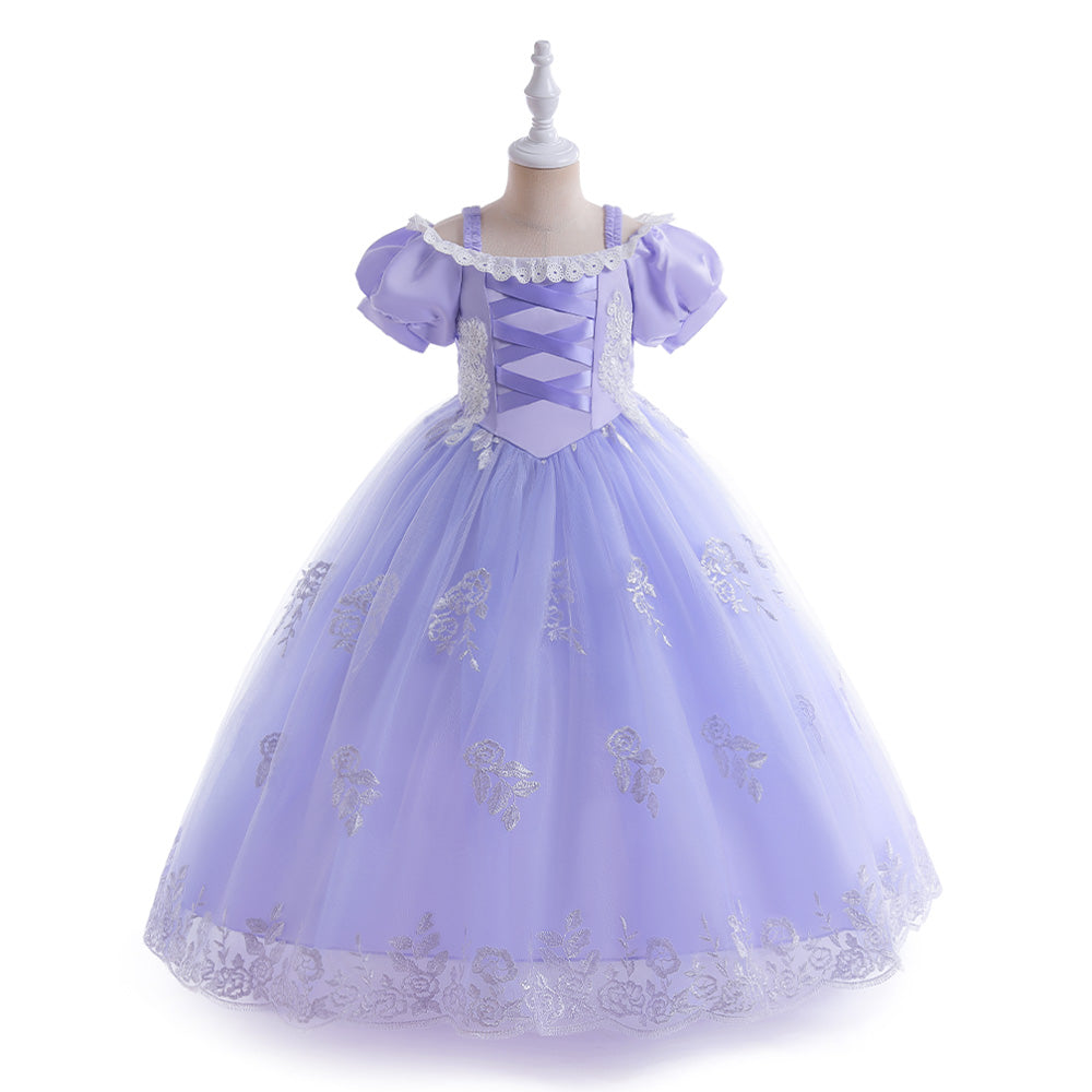 Girls Purple Floral Embroidered Cold-Shoulder Sleeves Gathered Net Gown Dress