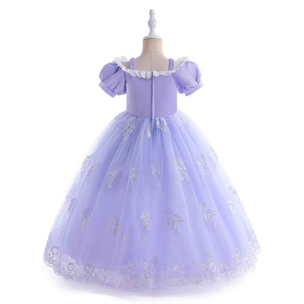 Girls Purple Floral Embroidered Cold-Shoulder Sleeves Gathered Net Gown Dress