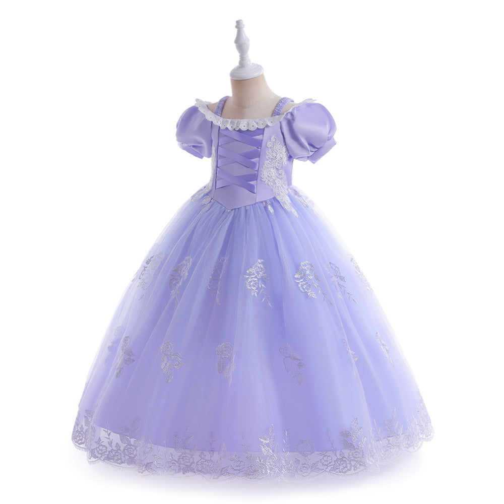 Girls Purple Floral Embroidered Cold-Shoulder Sleeves Gathered Net Gown Dress