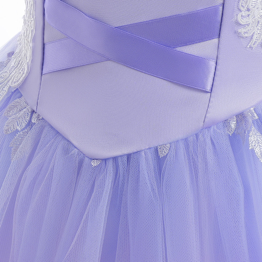 Girls Purple Floral Embroidered Cold-Shoulder Sleeves Gathered Net Gown Dress