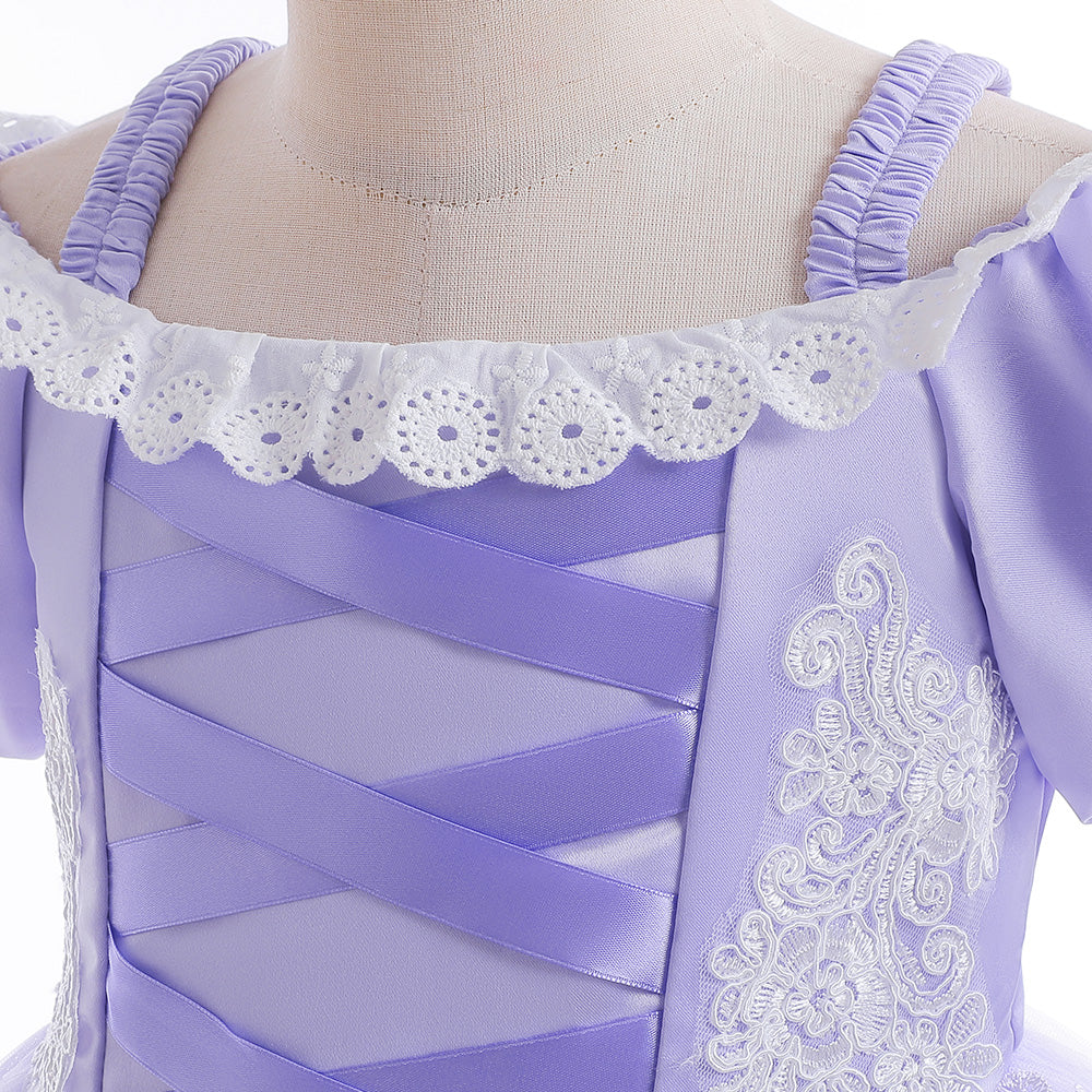 Girls Purple Floral Embroidered Cold-Shoulder Sleeves Gathered Net Gown Dress