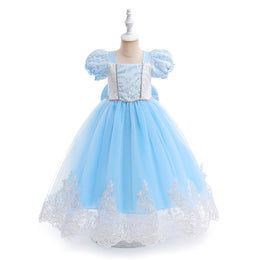Girls Blue Self Design Puff Sleeves Lace Inserts Detail Maxi Gown Dress